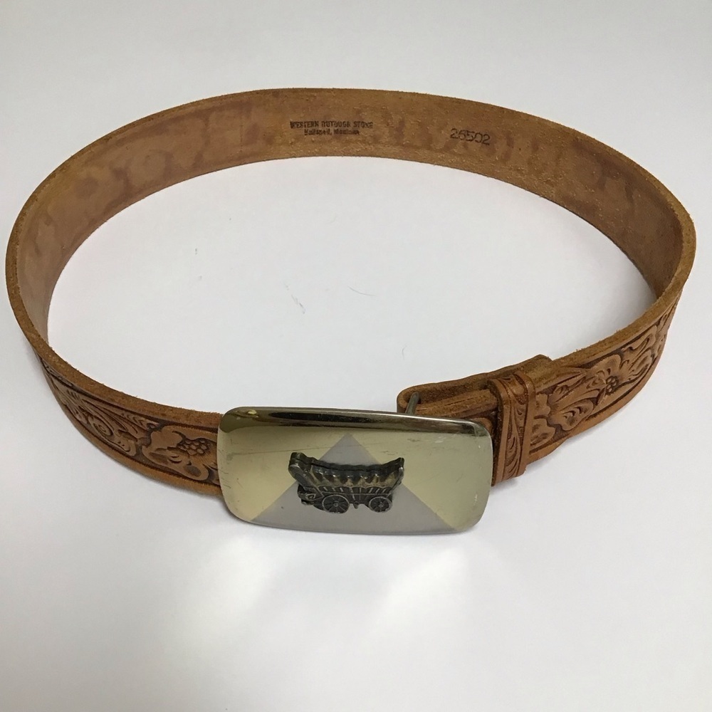 Montana Leather Belt SZ 28 Tooled Tan Western Wagon Buckle Kalispell MT Vintage - Picture 11 of 16